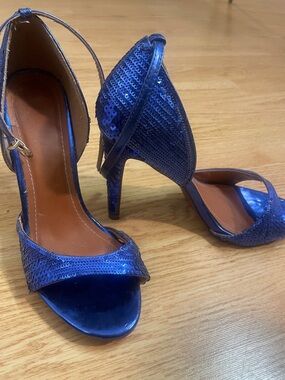 Blue Sequin Ankle-Strap High Heels